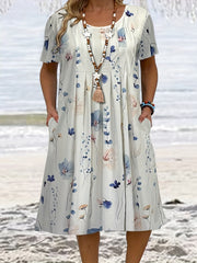  Floral Print Short Sleeve Pleated Dress With Pockets