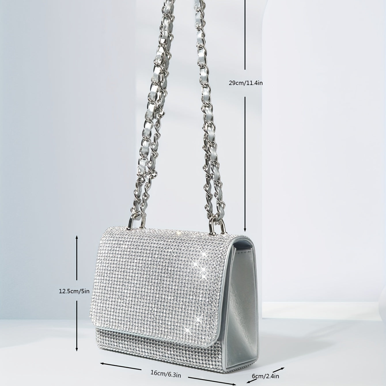 Glitter Chain Evening Bag for Party, Rhinestone Square Flap Bag