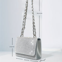 Glitter Chain Evening Bag for Party, Rhinestone Square Flap Bag