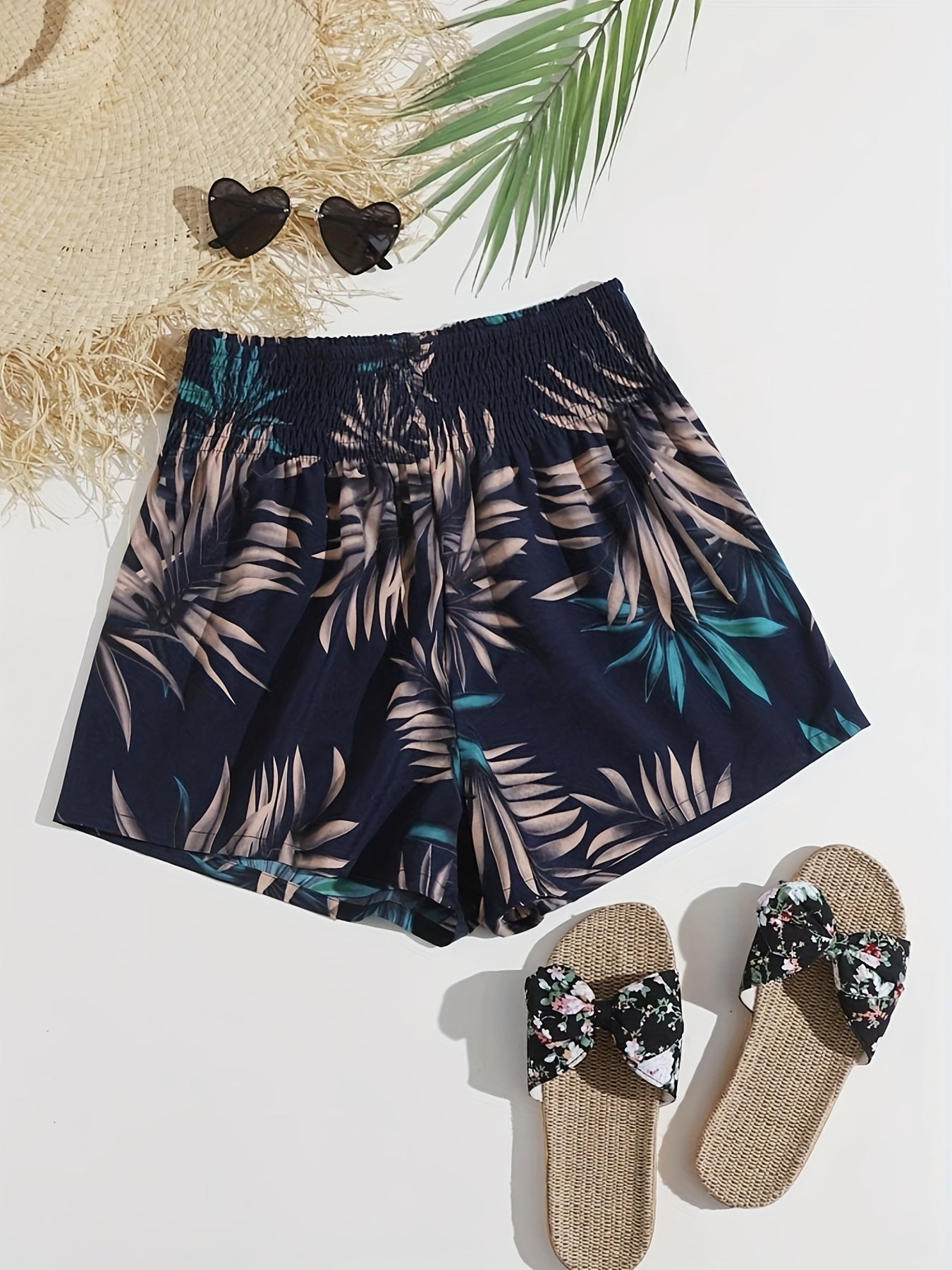 Tropical Print Smocked Waist Shorts Women's Casual Shorts