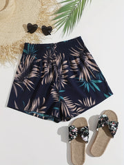 Tropical Print Smocked Waist Shorts Women's Casual Shorts