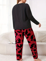  Eyelash & Cow Print Long Sleeve Round Neck T shirt & Pants Pajamas Set