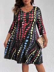  Tie Dye Three Quarter Sleeve V Neck Dress