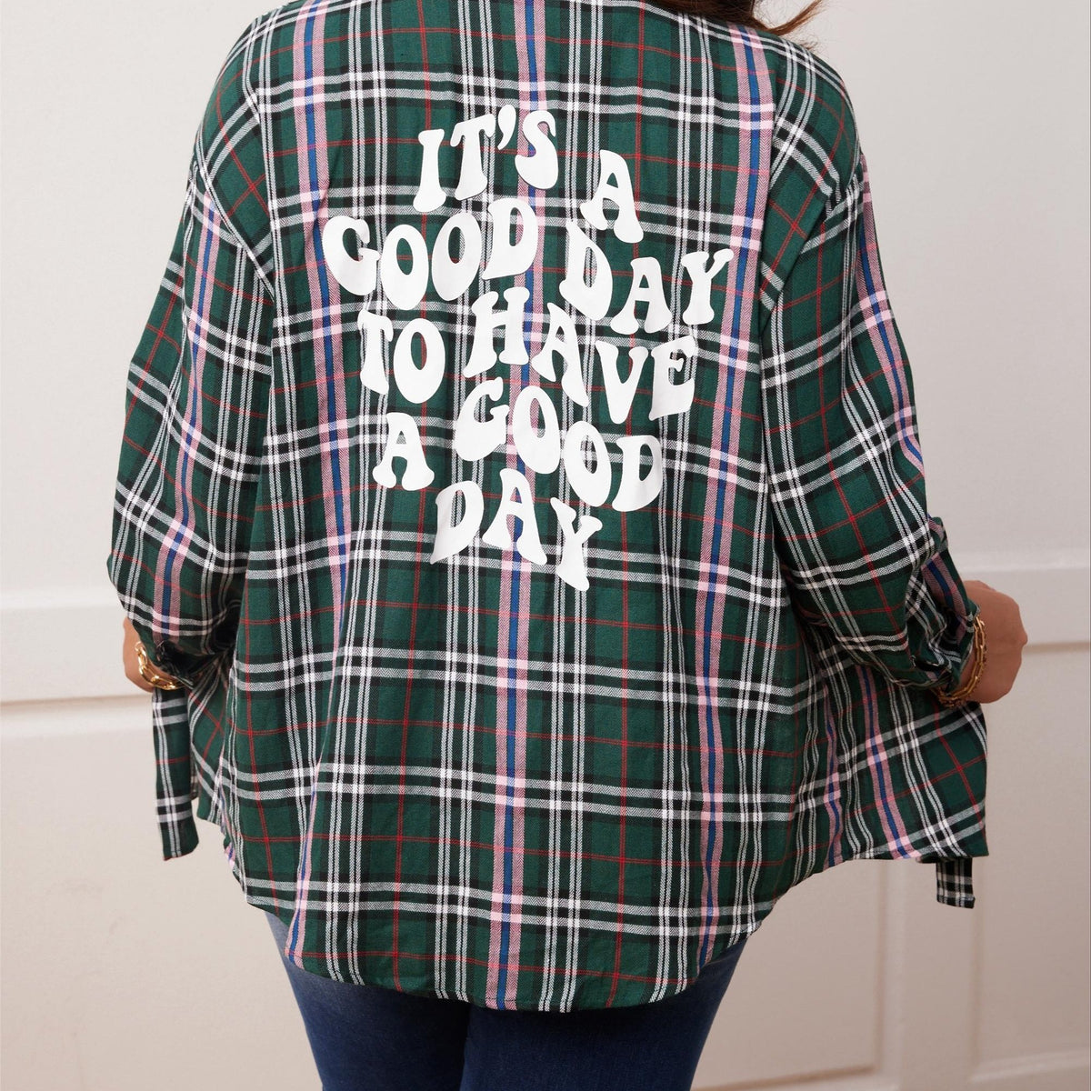  Plaid & Slogan Print Long Sleeve Button Up Shirt