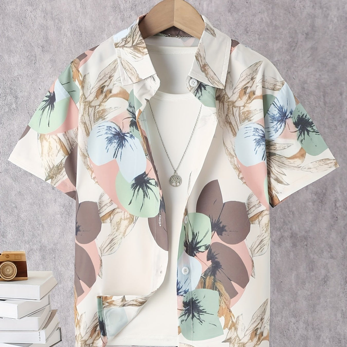 Boys Flower Print Button Down Short Sleeve Shorts