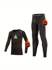 Kids Christmas Tree Print Fleece Lined Base Layer Set