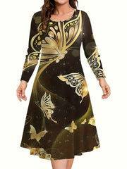  Casual Dress Women's Plus Butterfly Print Long Sleeve Round Neck Dress