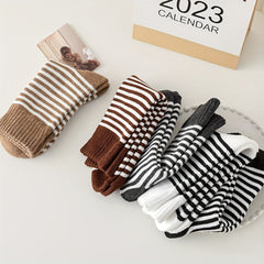 5 Pairs Stripe Print Thickened Mid Tube Socks for Women