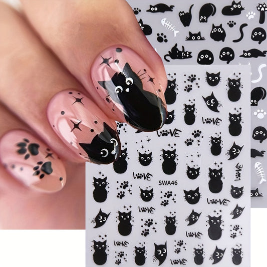 2 Pack Cat Nail Art Stickers Halloween Cartoon Animal Decals DIY Decorations