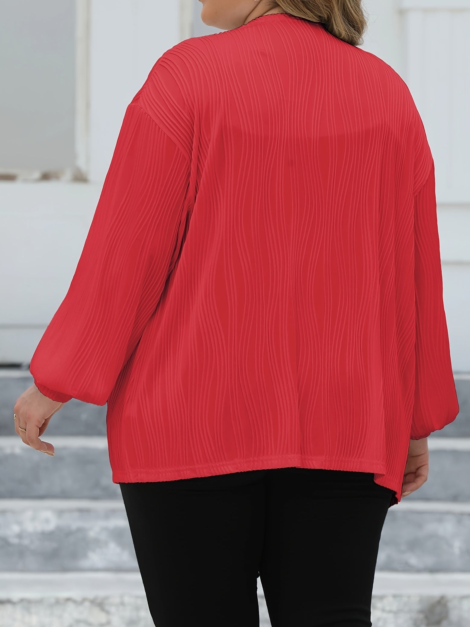  Casual Cardigan Solid Ribbed Lantern Sleeve Open Front