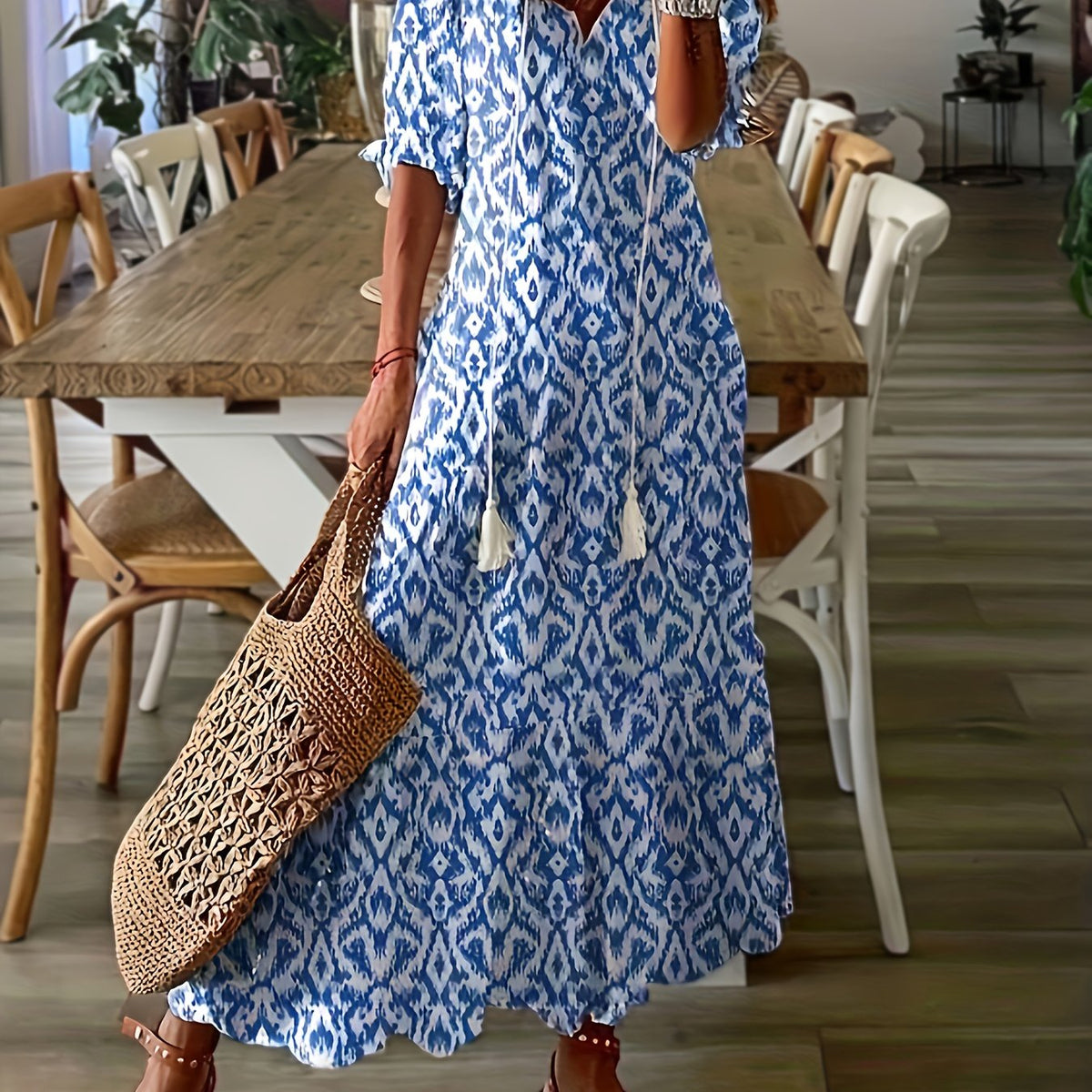 Women's Plus V Neck Ikat Print Maxi Dress with Tassel Detail