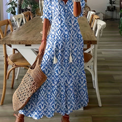 Women's Plus V Neck Ikat Print Maxi Dress with Tassel Detail