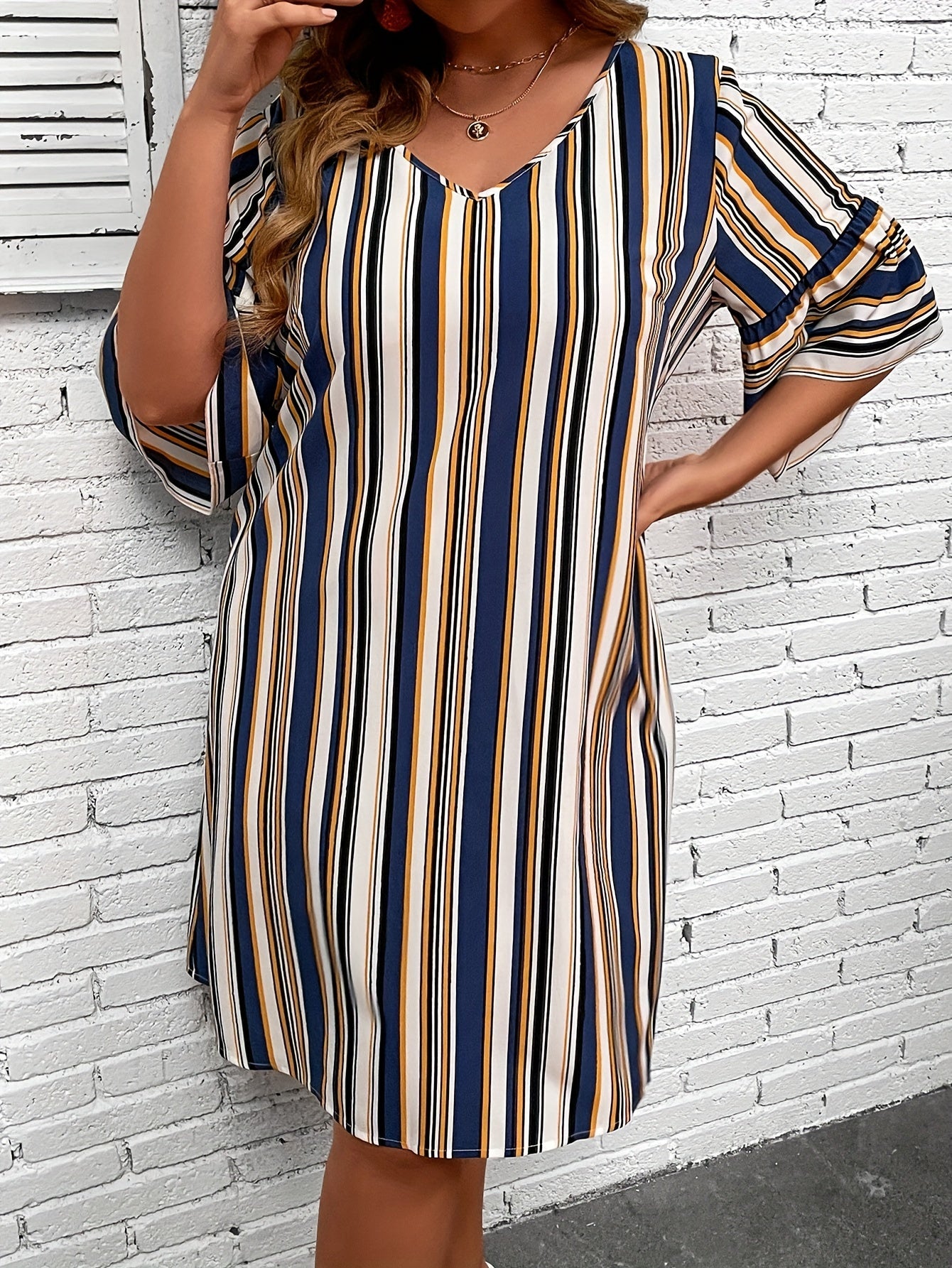 Stripe Print Half Sleeve Loose Fit Mini Dress