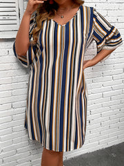  Stripe Print Half Sleeve Loose Fit Mini Dress