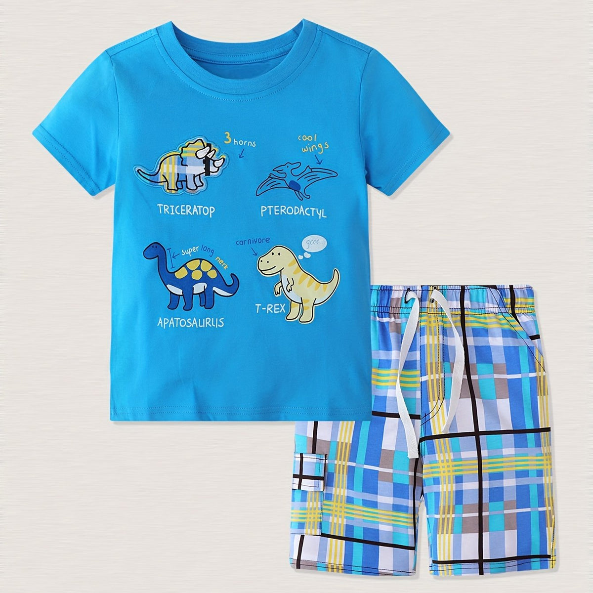 Kids Dinosaur Tshirt & Plaid Shorts Set