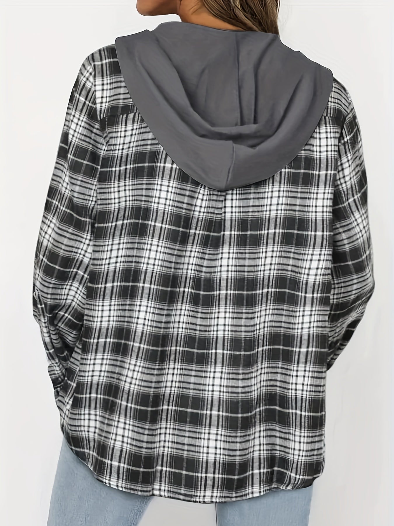  Plaid Print Button Up Hooded Shirt