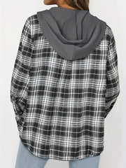  Plaid Print Button Up Hooded Shirt