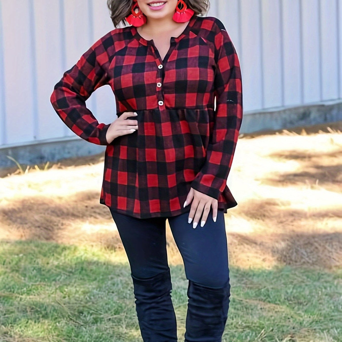  Plaid Print Long Sleeve Ruffle Peplum Shirt