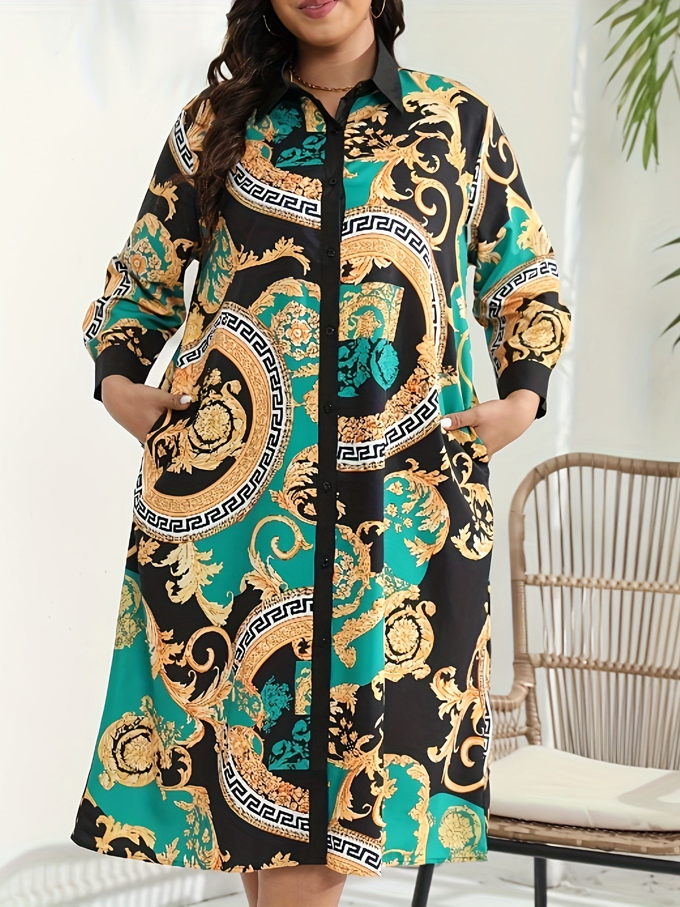  Baroque Print Button Up Long Sleeve Shirt Dress
