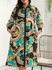  Baroque Print Button Up Long Sleeve Shirt Dress