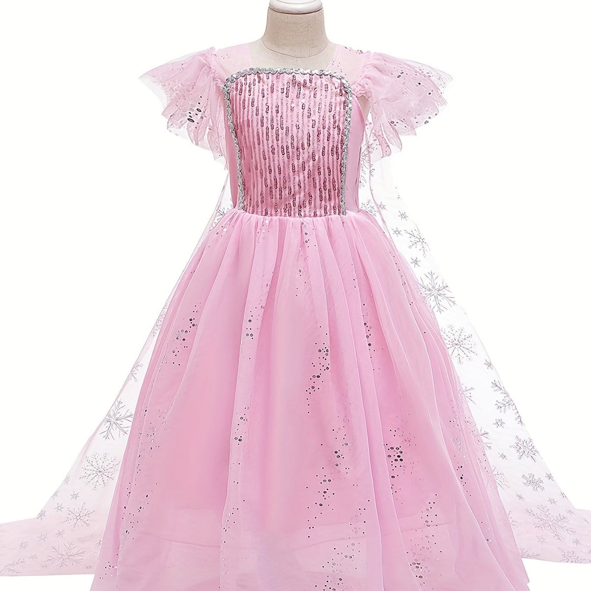 Girls Sequin Snowflake Princess Dress Sleeveless Ruffle Mesh Cape