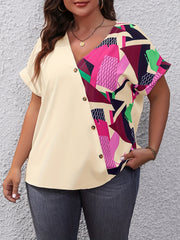  Colorblock Geo Print Button Up Blouse
