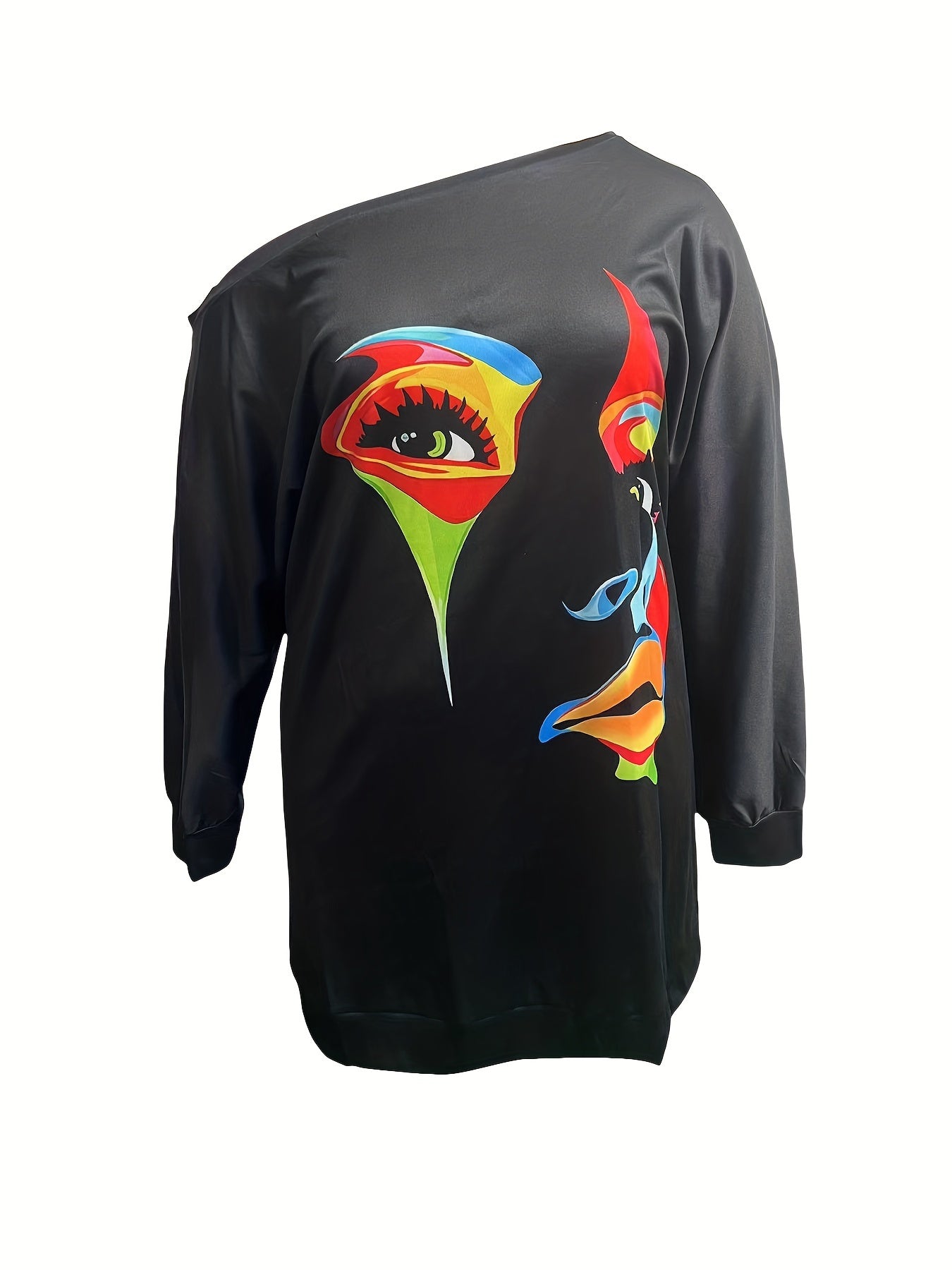  Sexy Dress Women's Plus Abstract Print One Shoulder Long Sleeve Tee