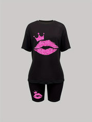 Lips Print 2pc Set Crew Neck T Shirt & Biker Shorts Women's Casual Outfit