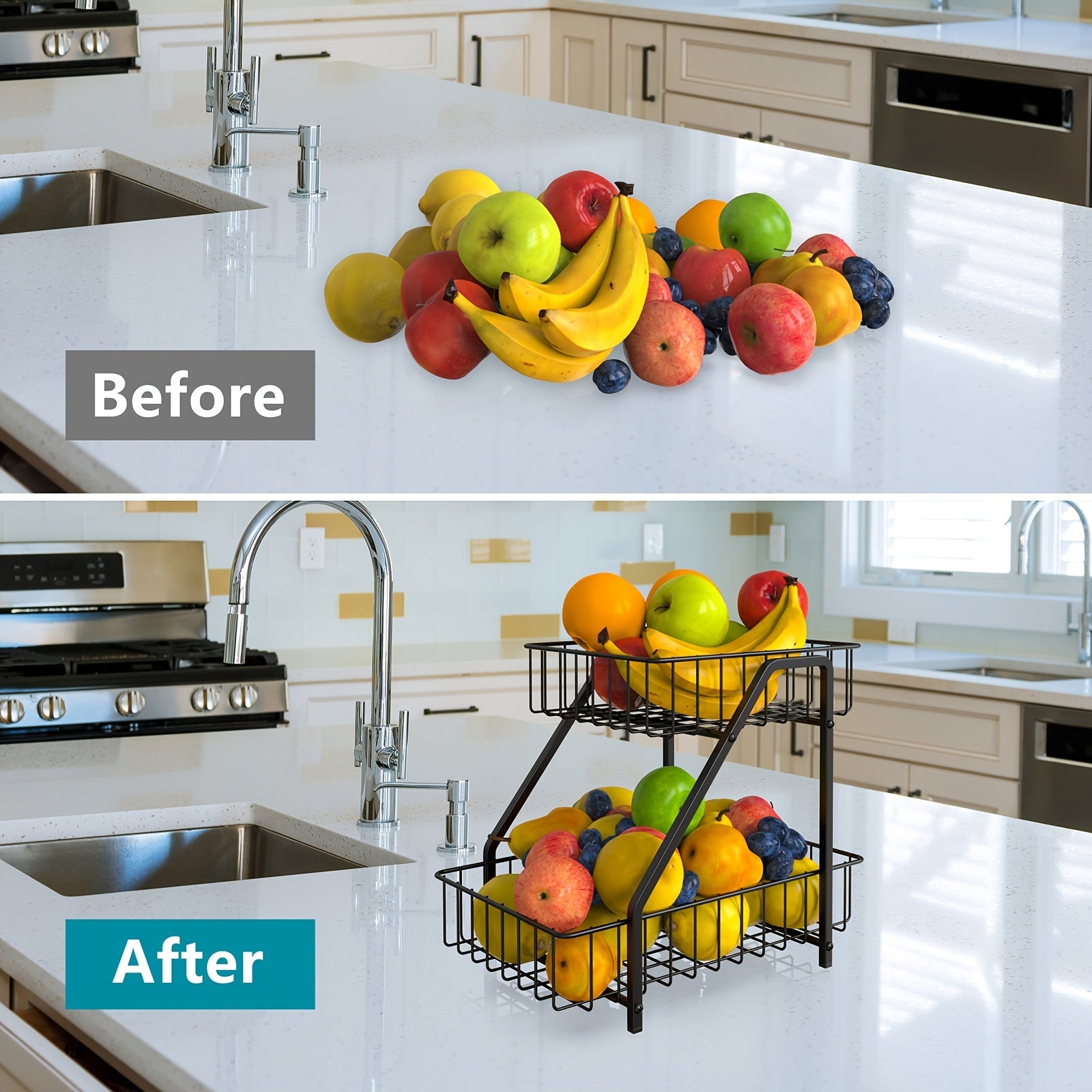 2 Tier Countertop Fruit Basket Bowl Metal Wire Storage Basket
