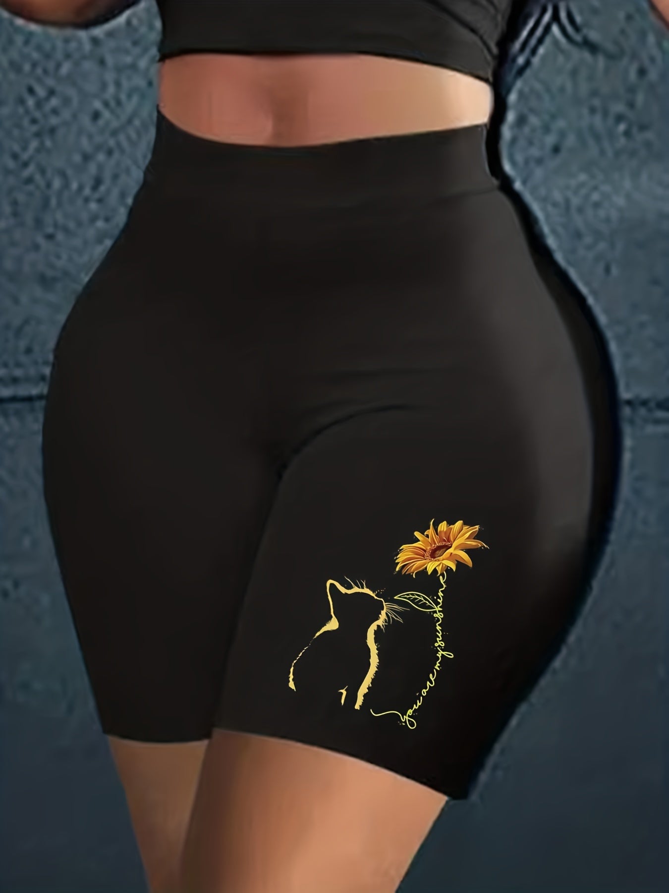 Women's Plus Sunflower & Cat Print High Rise Shorts