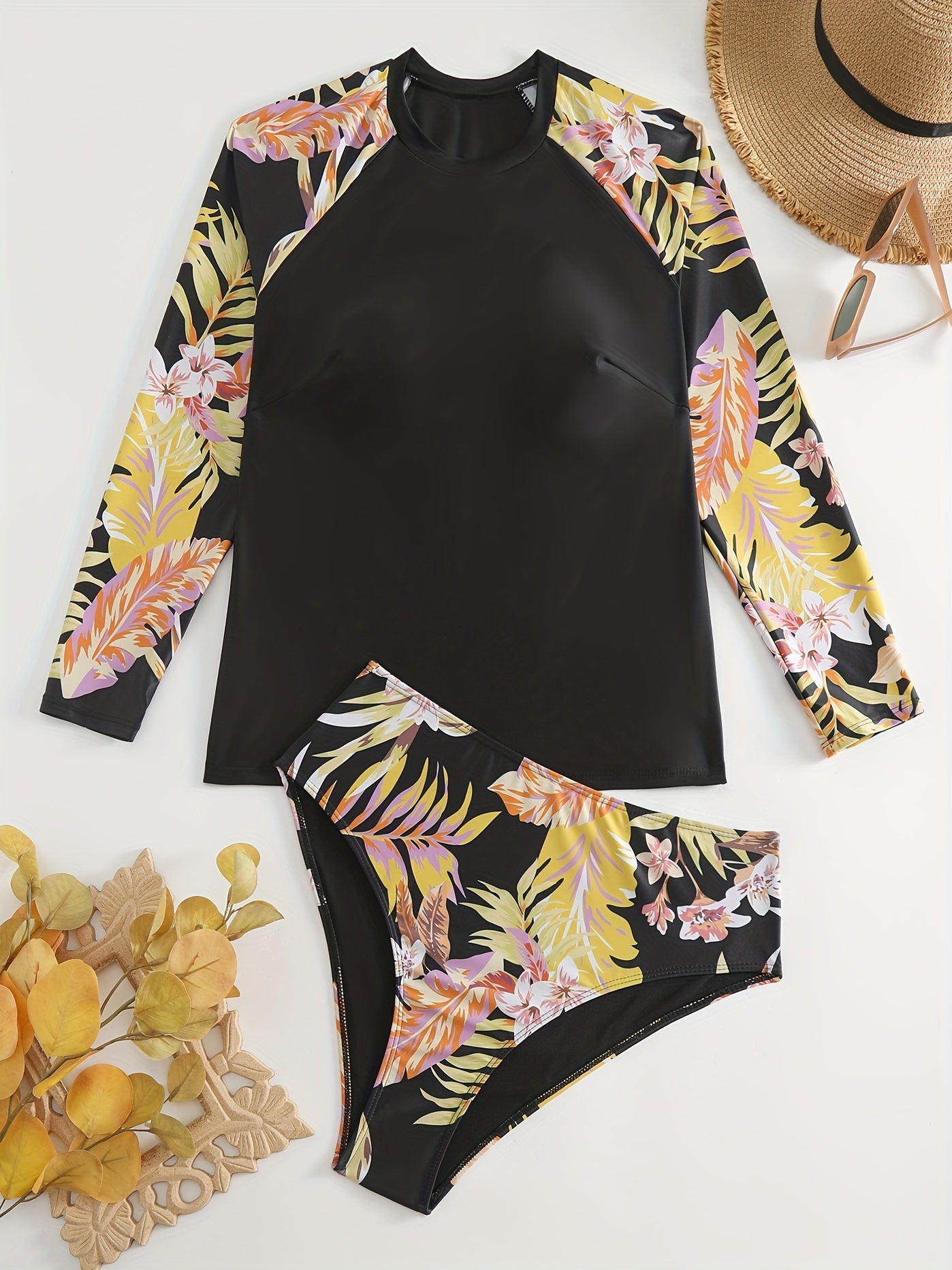  Tropical Print Tankini Set Long Sleeve Crew Neck Top & Panty Swimwear