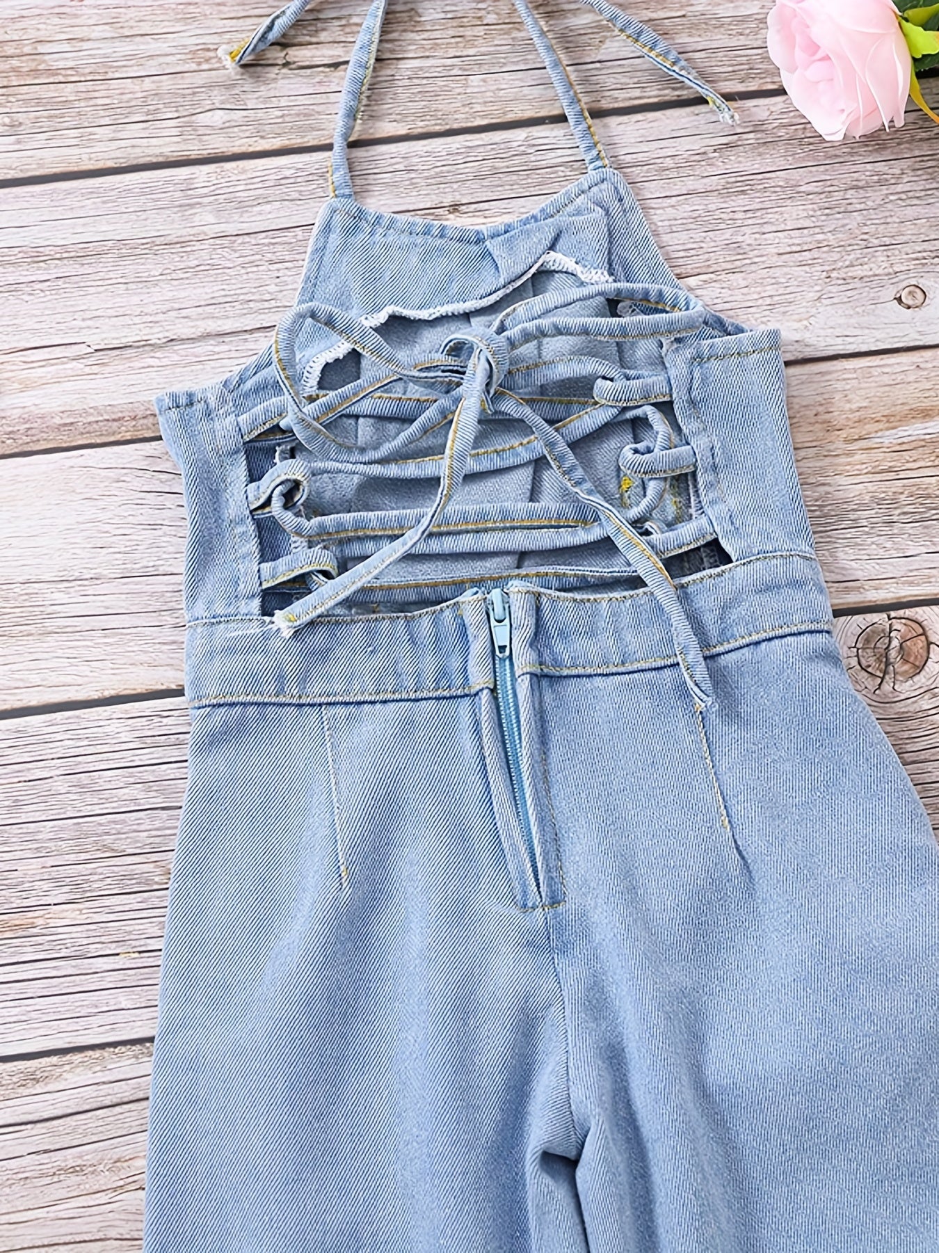 Girls Denim Overalls Halterneck Backless Jumpsuit