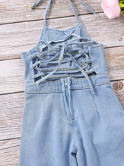 Girls Denim Overalls Halterneck Backless Jumpsuit