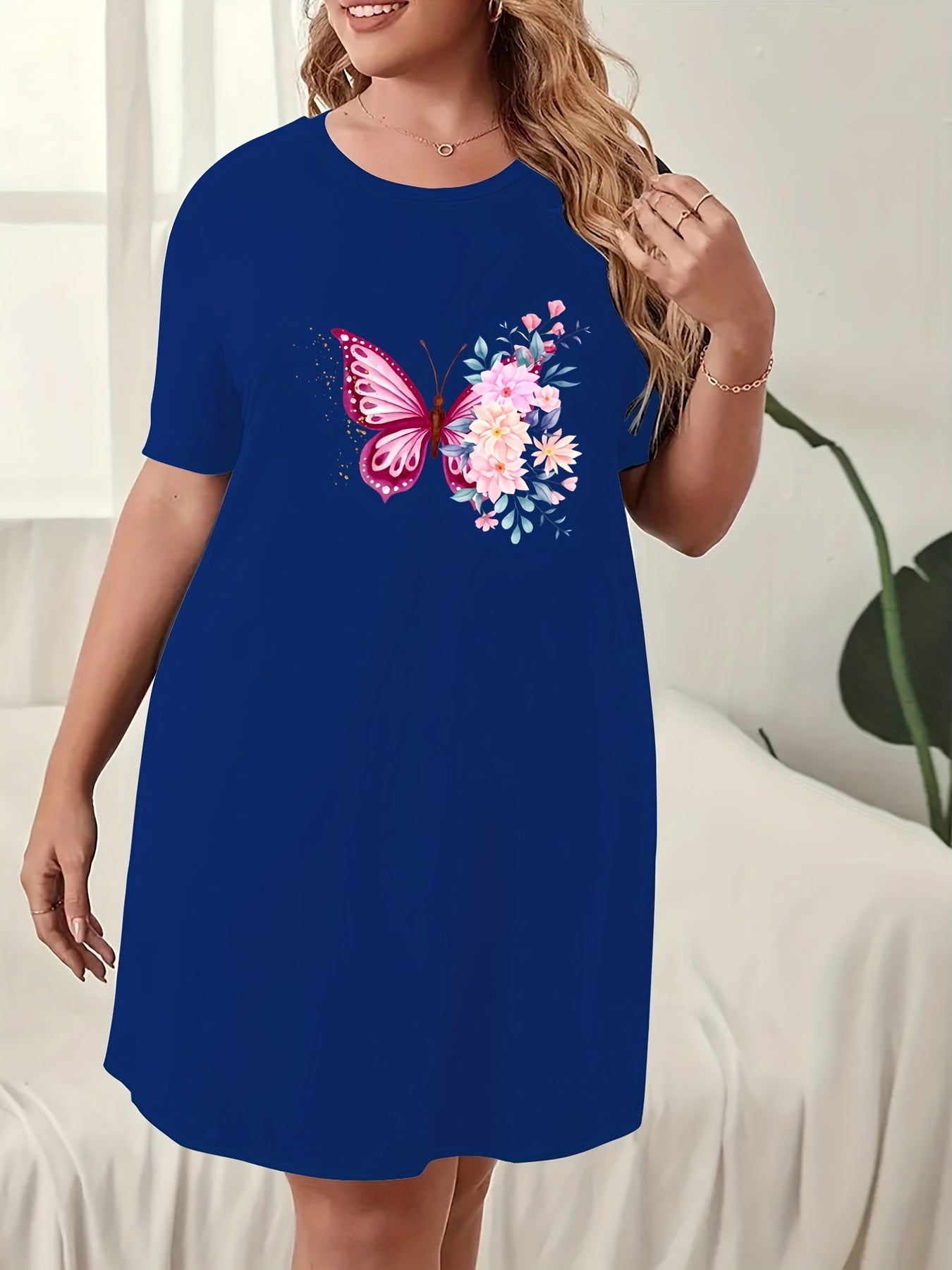  Floral Butterfly Print Sleep Dress Short Sleeve Round Neck Nightdress