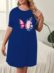  Floral Butterfly Print Sleep Dress Short Sleeve Round Neck Nightdress