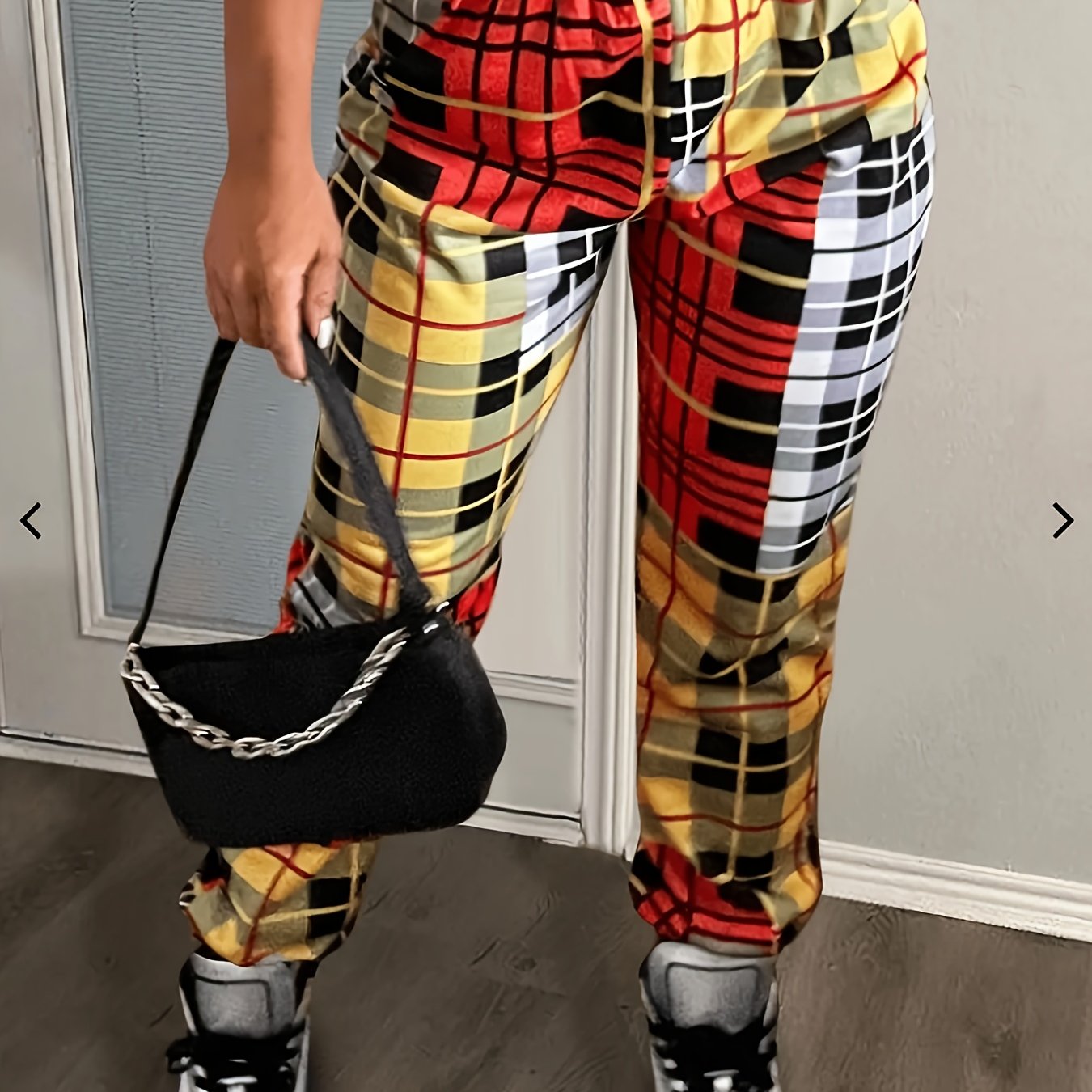  Colorblock Plaid High Waist Joggers