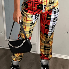  Colorblock Plaid High Waist Joggers