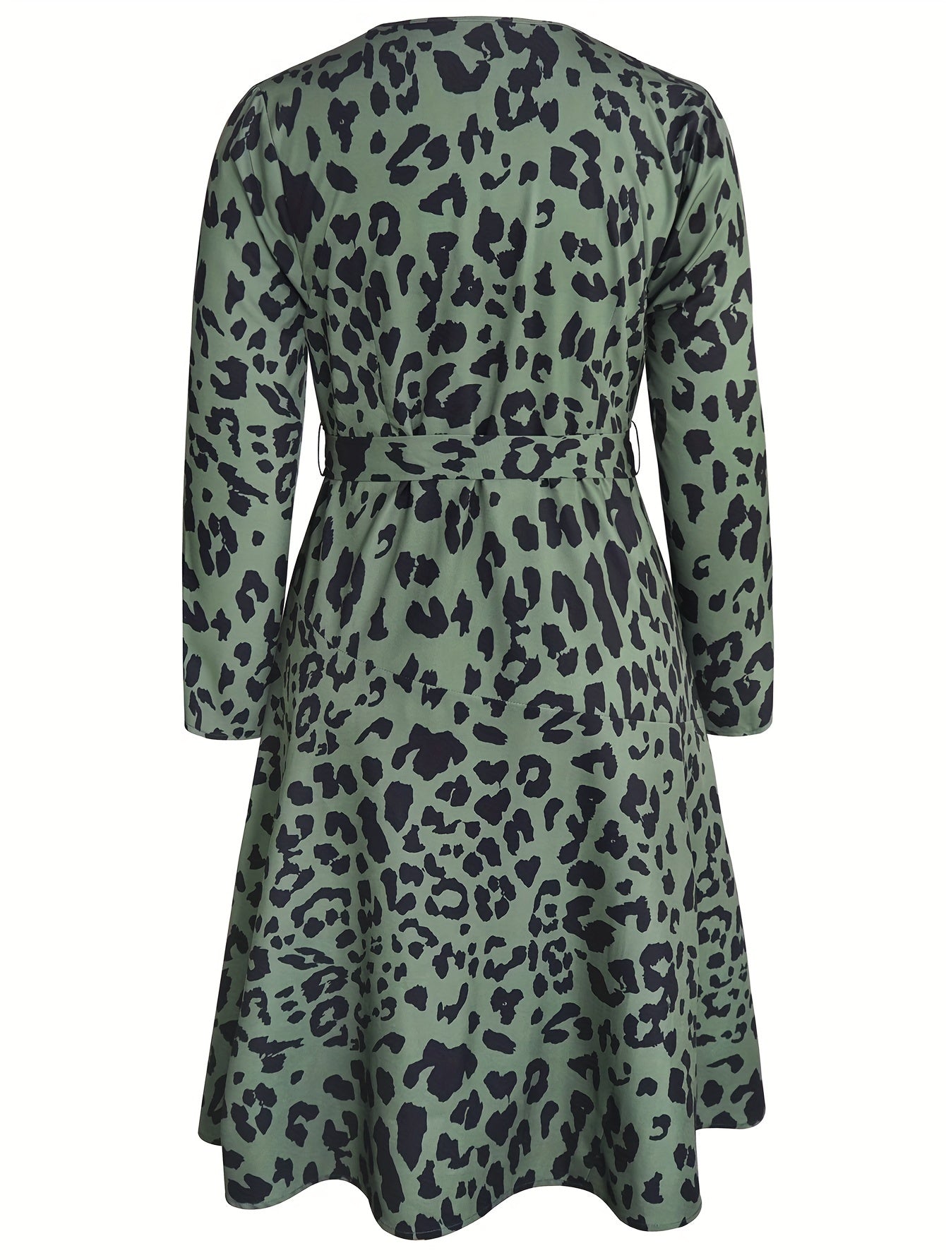  Leopard Print Long Sleeve Surplice Neck Dress With Belt
