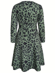  Leopard Print Long Sleeve Surplice Neck Dress With Belt