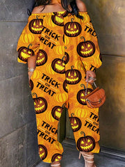  Halloween Jumpsuit Witch Pumpkin Print Off Shoulder Wide Leg Jumpsuit