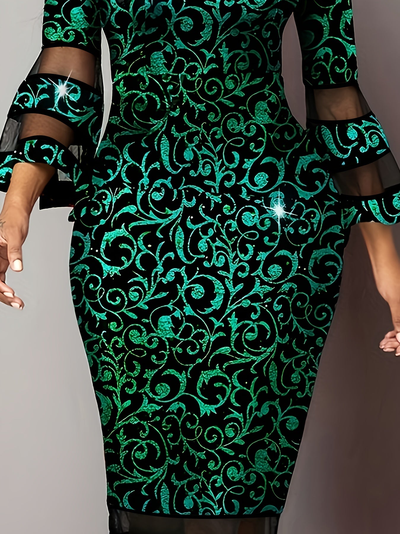  Braque Print Contrast Mesh Trumpet Sleeve Party Dress