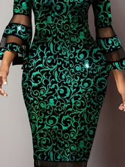  Braque Print Contrast Mesh Trumpet Sleeve Party Dress