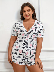  Letter Print Pajama Romper Short Sleeve V Neck