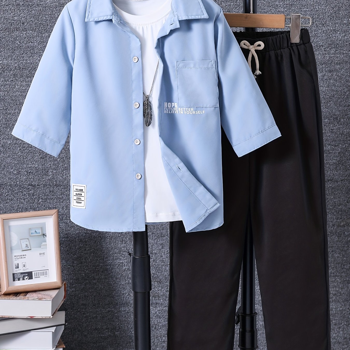 Boy's 2pcs Shirt & Pants Set Letter Print Patched Short Sleeve Top