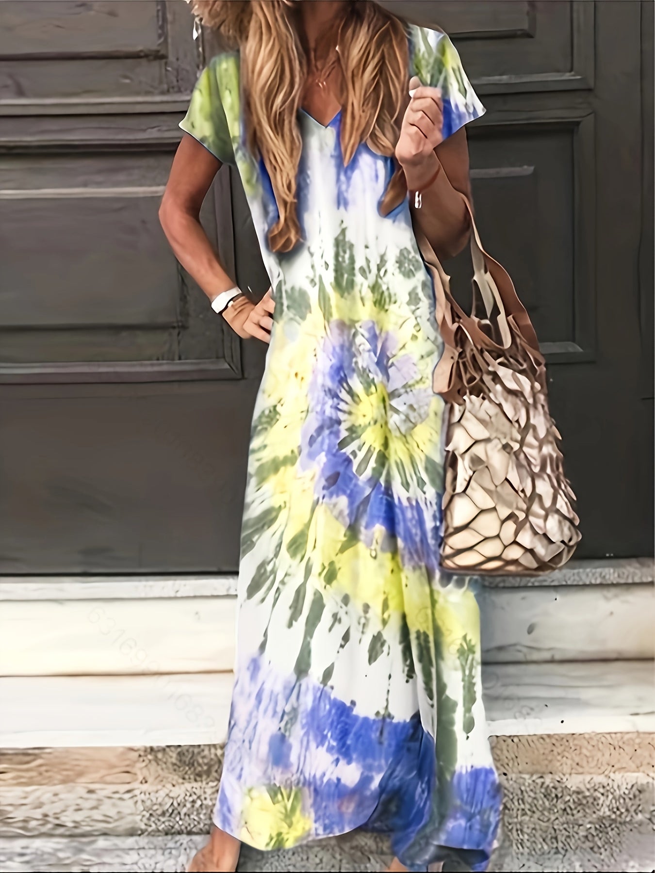  Tie Dye Short Sleeve V Neck Maxi Dress