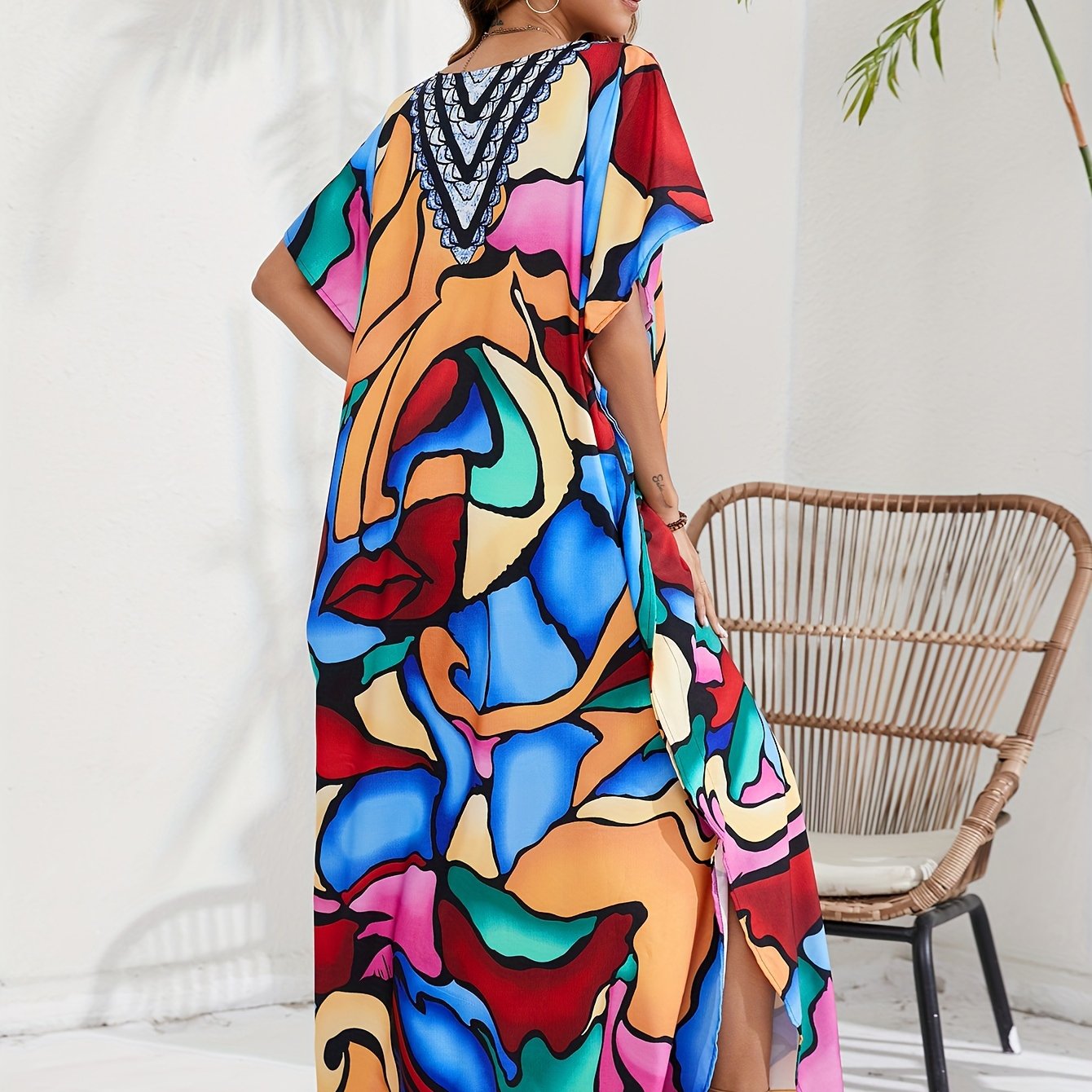  Abstract Face Print Cover Up Batwing Sleeve V Neck Beach Dress