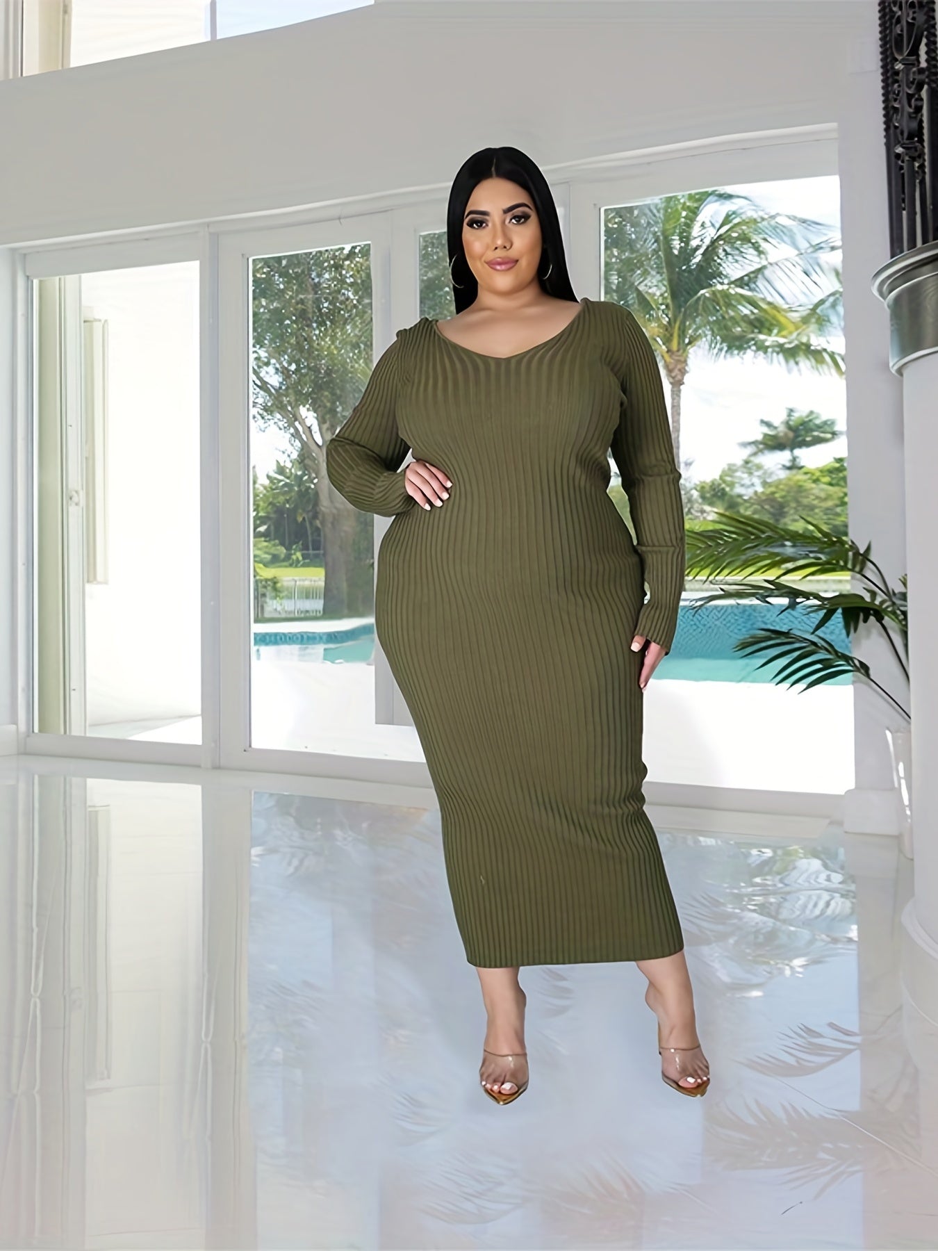 Ribbed Long Sleeve V Neck Maxi Dress