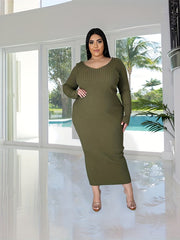 Ribbed Long Sleeve V Neck Maxi Dress