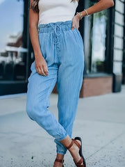  Casual Jeans Women's Plus Solid Drawstring Paperbag Waist Jeans