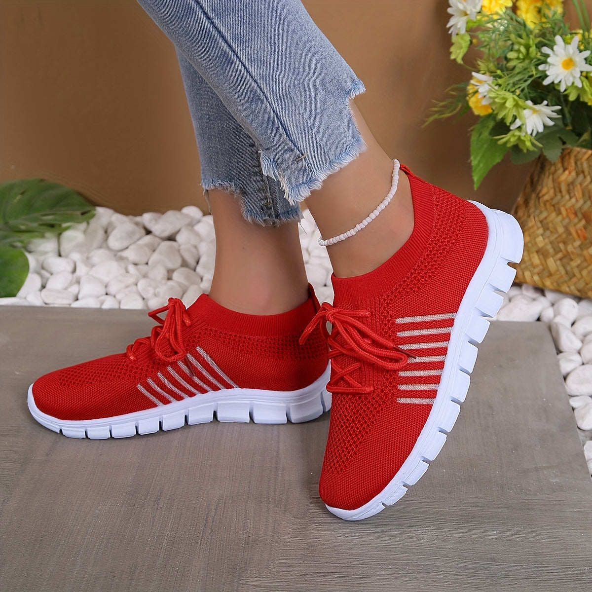 Women's Lace Up Knit Weaving Sneakers Breathable Mesh Running Shoes